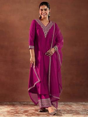 Pink  Embroiderey Sequence Work Kurta Pant Dupatta Set For Women 1