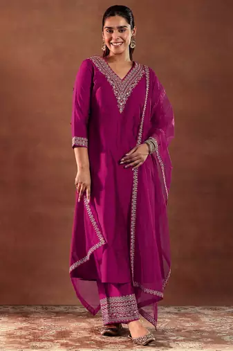 Pink  Embroiderey Sequence Work Kurta Pant Dupatta Set For Women