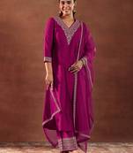 Pink  Embroiderey Sequence Work Kurta Pant Dupatta Set For Women