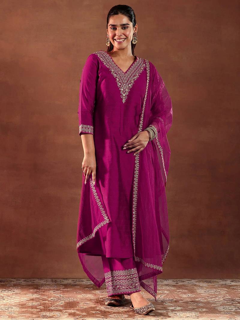 Pink  Embroiderey Sequence Work Kurta Pant Dupatta Set For Women