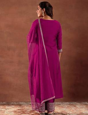 Pink  Embroiderey Sequence Work Kurta Pant Dupatta Set For Women 2