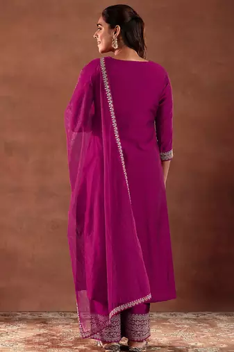 Pink  Embroiderey Sequence Work Kurta Pant Dupatta Set For Women