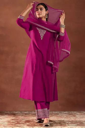Pink  Embroiderey Sequence Work Kurta Pant Dupatta Set For Women