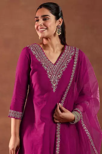 Pink  Embroiderey Sequence Work Kurta Pant Dupatta Set For Women