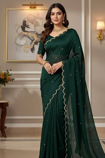Green Color  Khatli Beads & Moti Handwork Chiffon Silk Saree