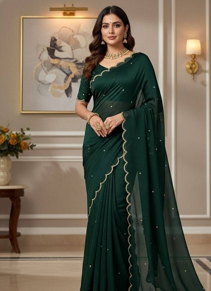 Green Color  Khatli Beads & Moti Handwork Chiffon Silk Saree
