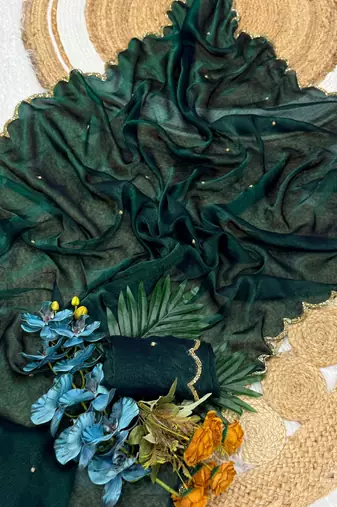 green chiffon saree with beads moti handwork
