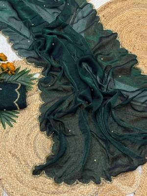 green chiffon saree with beads moti handwork 3