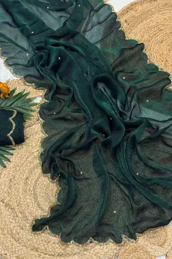 green chiffon saree with beads moti handwork