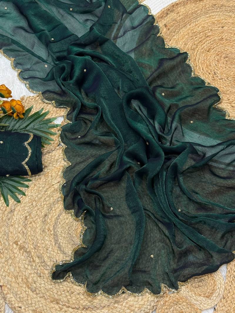 Green Color  Khatli Beads & Moti Handwork Chiffon Silk Saree