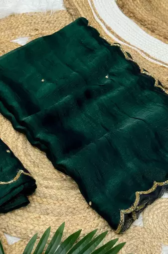 green chiffon saree with beads moti handwork