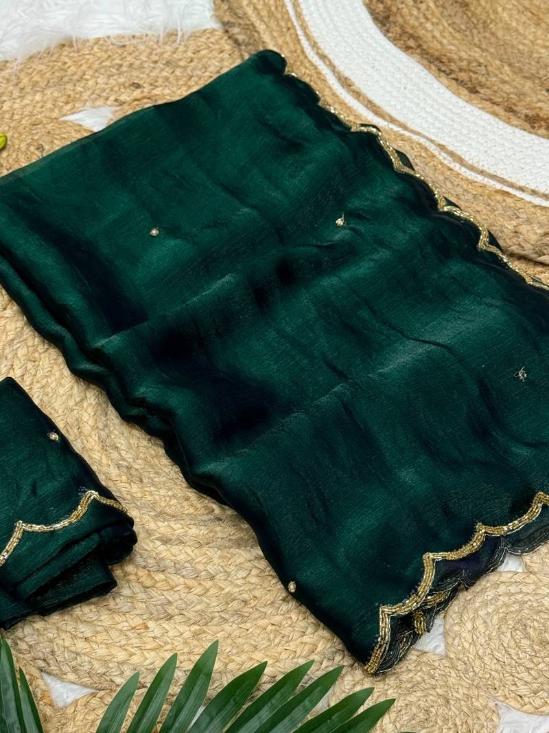 Green Color  Khatli Beads & Moti Handwork Chiffon Silk Saree