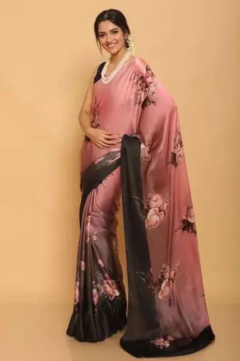 Pink satin printed saree