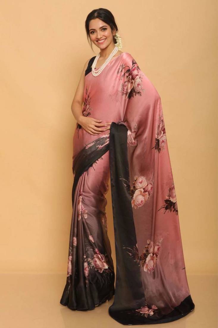 Pink satin printed saree