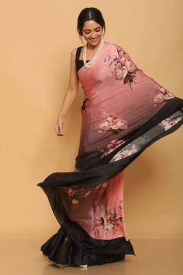pink satin saree with contrast border print work 2