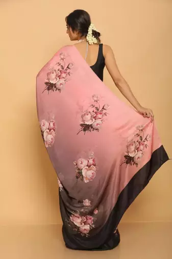 pink satin saree with contrast border print work