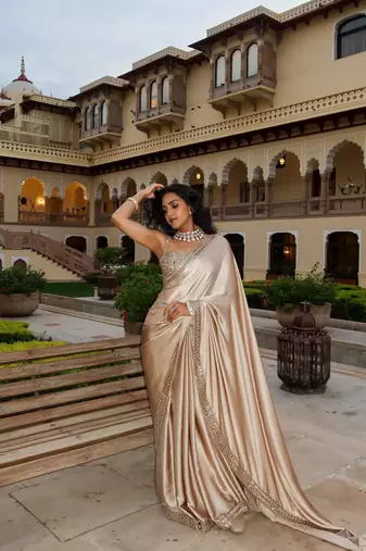 Beige satin embroidered saree