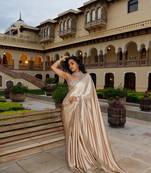 Beige satin embroidered saree