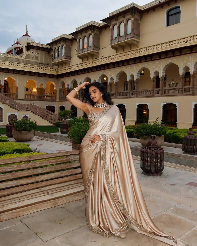 Beige satin embroidered saree