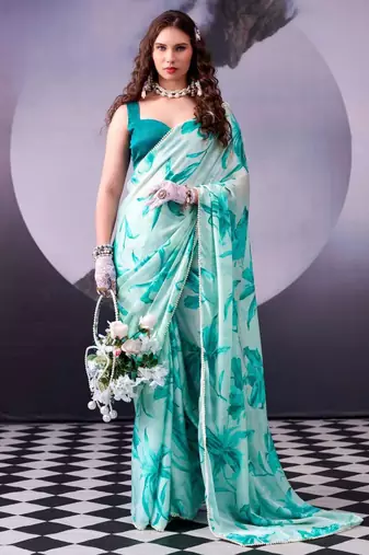 Rama green satin printed saree