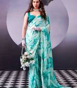 Rama green satin printed saree