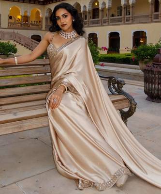 beige satin saree with mirror embroidery border 4