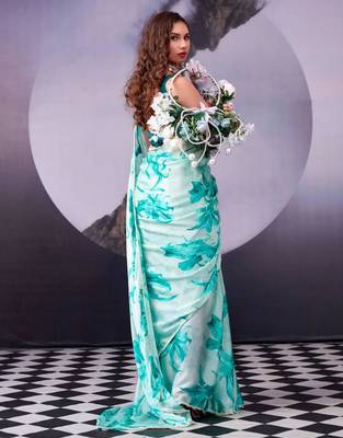 rama green satin saree with printed leaf motifs 3