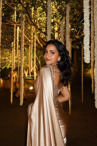 beige satin saree with mirror embroidery border