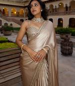 beige satin saree with mirror embroidery border