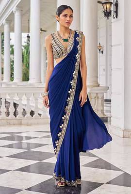 blue georgette saree with beadwork floral border 1