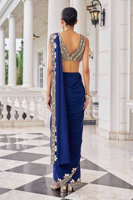 blue georgette saree with beadwork floral border 2