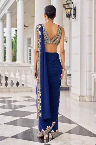 blue georgette saree with beadwork floral border