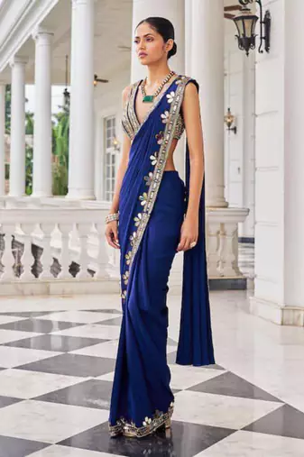 blue georgette saree with beadwork floral border