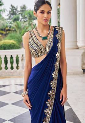 blue georgette saree with beadwork floral border 4