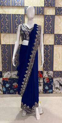 blue georgette saree with beadwork floral border 5