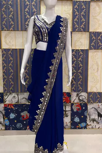 blue georgette saree with beadwork floral border