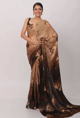 brown satin saree with contrast border print work 1