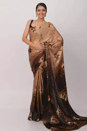 Brown satin printed saree