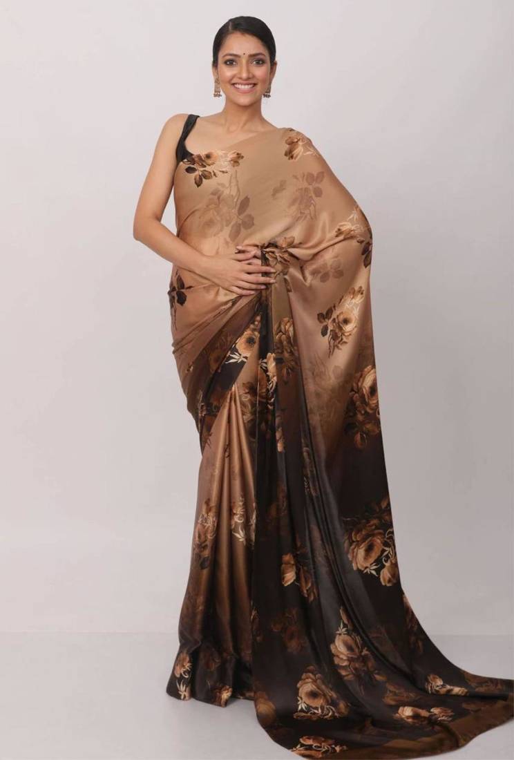 Brown satin printed saree