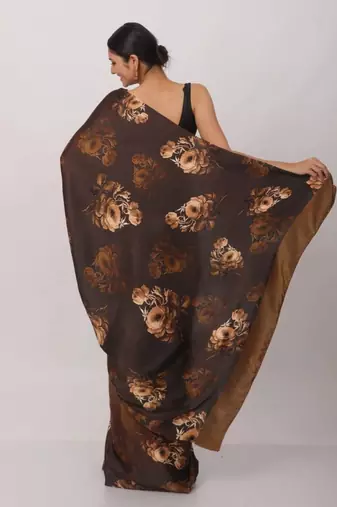 brown satin saree with contrast border print work