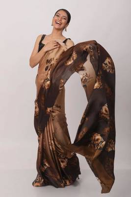 brown satin saree with contrast border print work 3