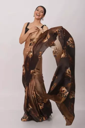 brown satin saree with contrast border print work