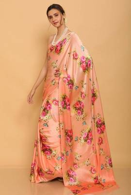 peach satin saree with floral printed design 1