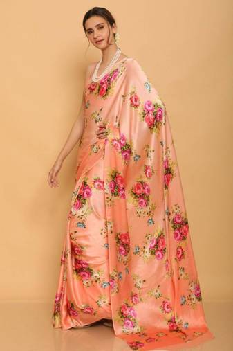 Peach satin printed saree