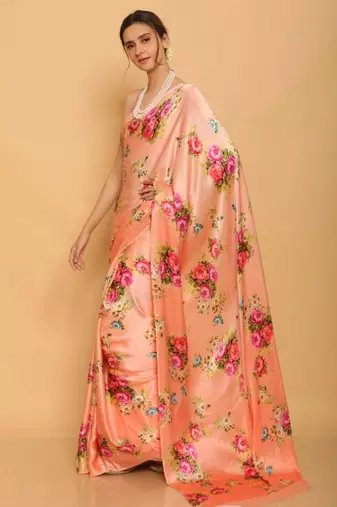 Peach satin printed saree