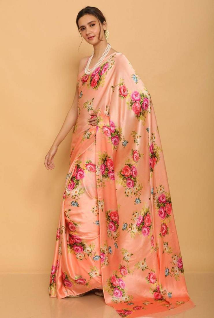 Peach satin printed saree