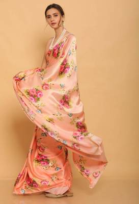 peach satin saree with floral printed design 2