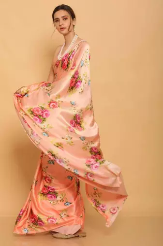 peach satin saree with floral printed design
