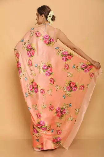 peach satin saree with floral printed design