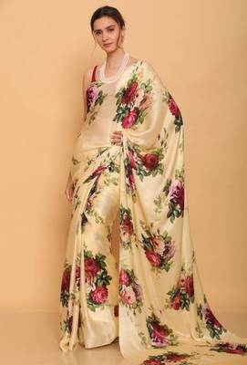 cream satin saree with red rose print design 1